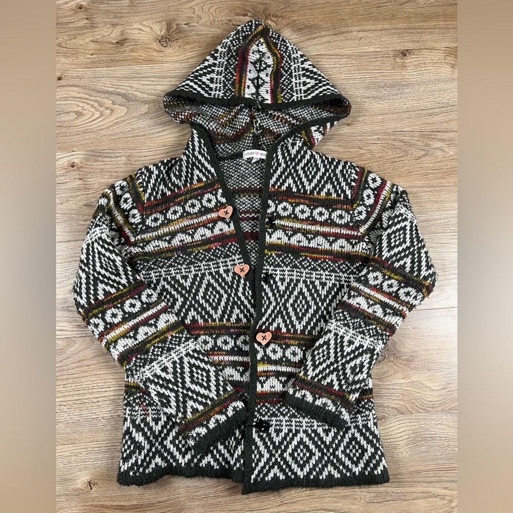 Girls Woven Heart Multicolor Knit Cardigan Hooded Sweater